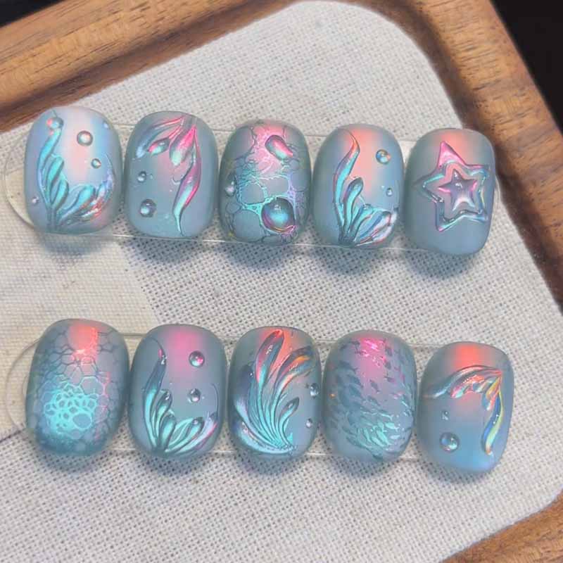 Nail Art Fake Nails - 10개입 오션 시크릿 레일 블루 매트