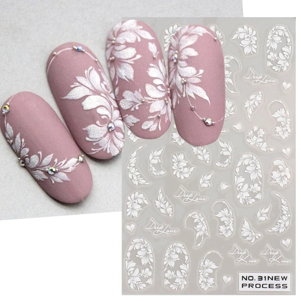 Nail Art Simple Elegant - 화이트 레이스 꽃 네일 아트 스티커
