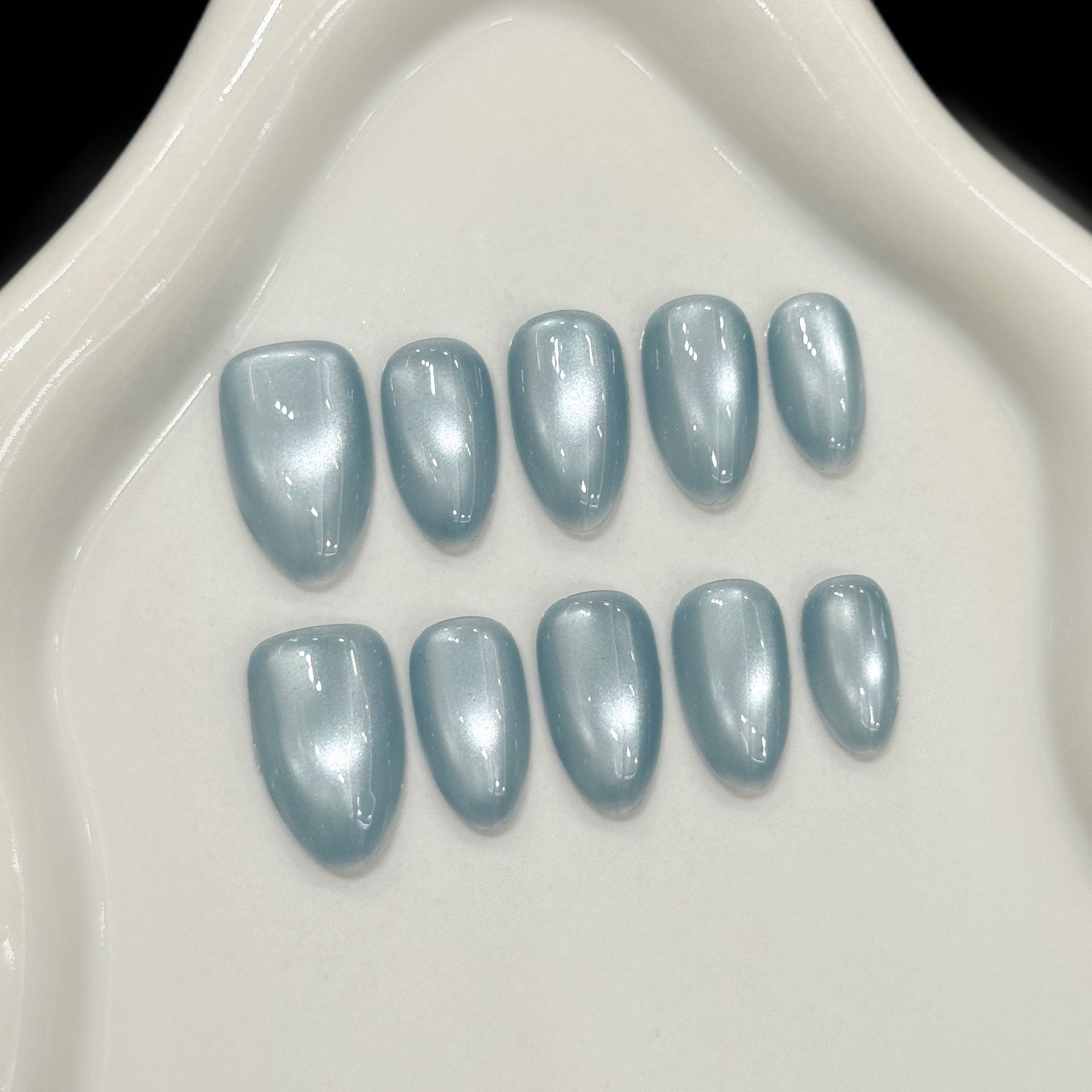 Nail Art Simple - 10개 블루 캣아이 프렌치 숏 아몬드