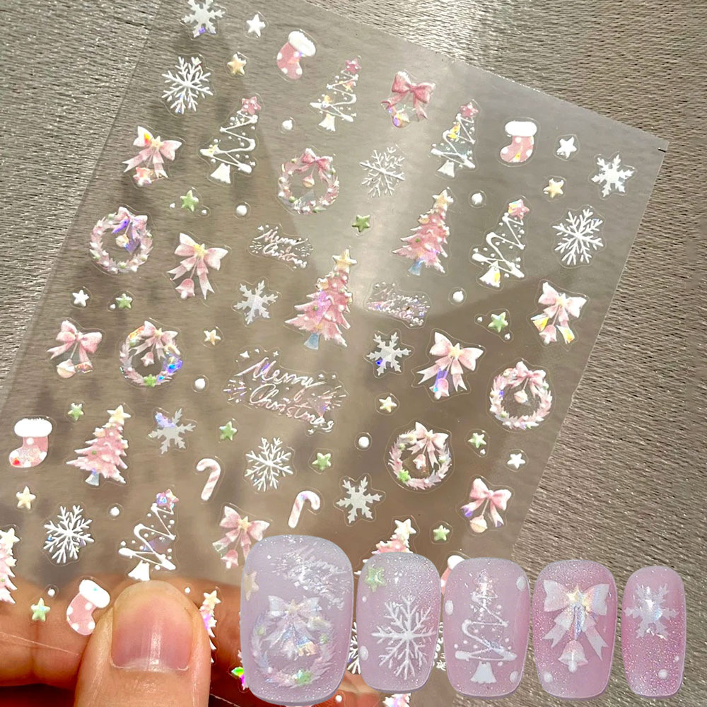 Nail Art Xmas Stickers - 1개 오로라 핑크 크리스마스 트리 리본