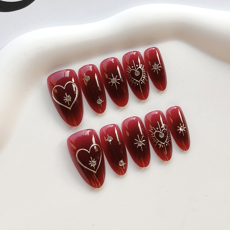 Nail Art Simple Elegant - 10개입 프렌치 스타일 버건디 할레이션 다이아몬드