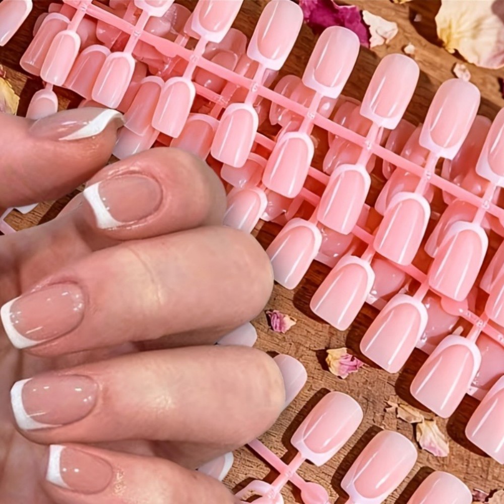 Nail Art Glossy - 120개입 짧은 스퀘어 프렌치팁 프레스온 네일즈