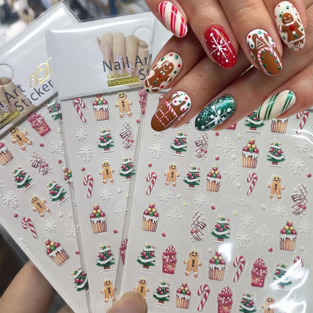 Nail Art Xmas Stickers - 1개 크리스마스 5D 진저브레드맨 케이크 눈송이