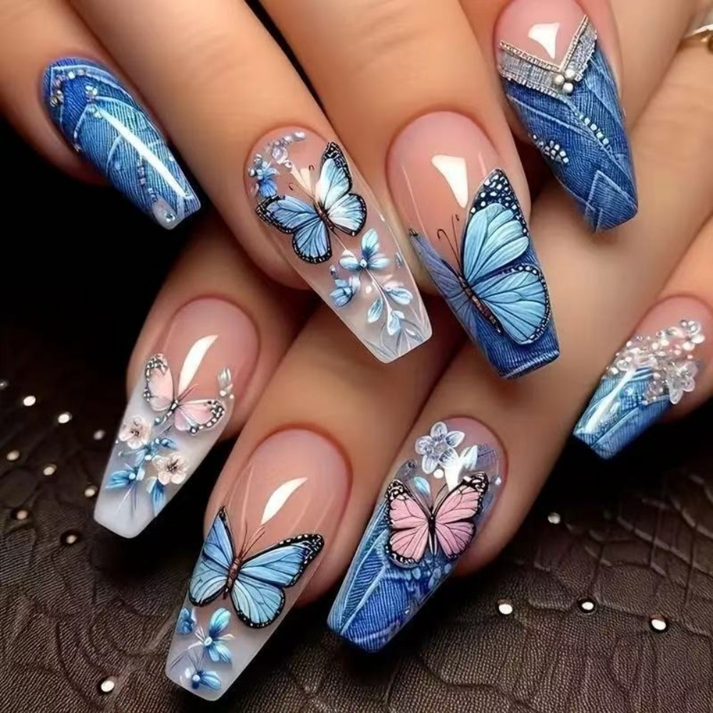 Nail Art Denim - 24개 스프링 나비 프레스온 네일 관
