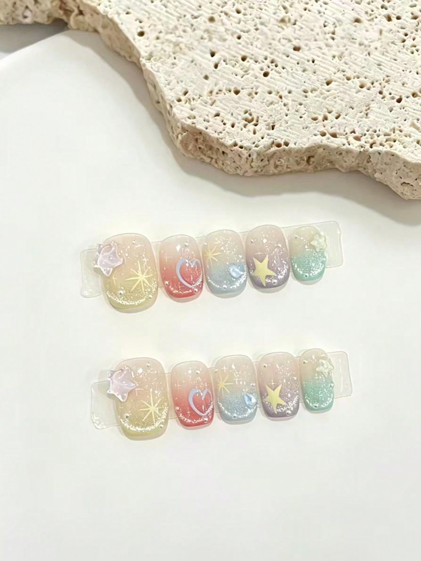 Nail Art Fake Nails - 마카롱 레인보우 그라데이션 스타 하트 숏