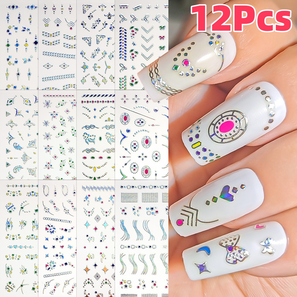 Nail Art Simple Elegant - 12Pcs 3D Slilver 기하학 라인 꽃
