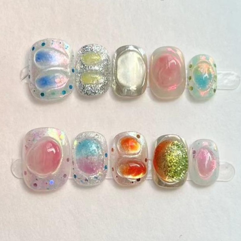Nail Art Glossy - 10Pcs 귀여운 짧은 라운드 수제 가짜