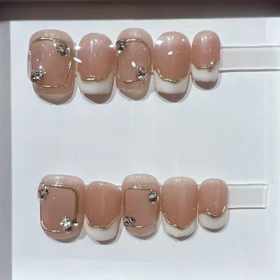 Nail Art Simple - 짧은 사각형 프랑스 수제 가짜 손톱,