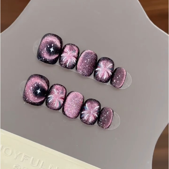 Nail Art Simple - 10개입 보라색 짧은 라운드 헤드 프레스온
