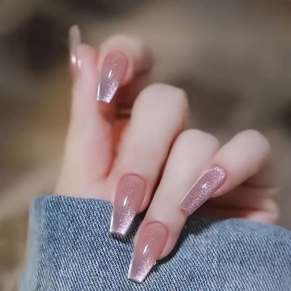 Nail Art Fake Nails - 24개 반짝이는 핑크 글리터 캣아이 디자인