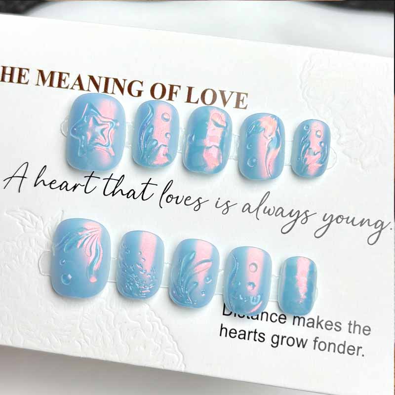 10개입 오션 시크릿 레일 블루 매트 피쉬테일 오로라  - Nail Art Fake Nails 리뷰 및 가격