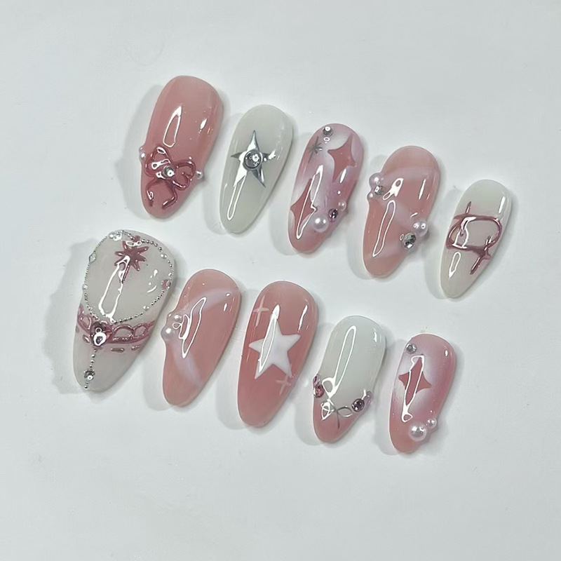 24개 짧은 아몬드 네일 세트 풀커버 별 달 웨이브 프 - Nail Art Inspo 리뷰 및 가격