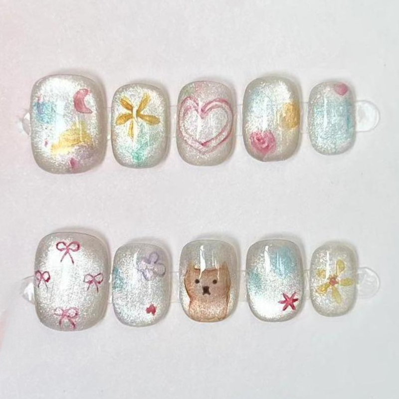 10Pcs 귀여운 짧은 라운드 수제 가짜 네일 반짝이  - Nail Art Glossy 리뷰 및 가격
