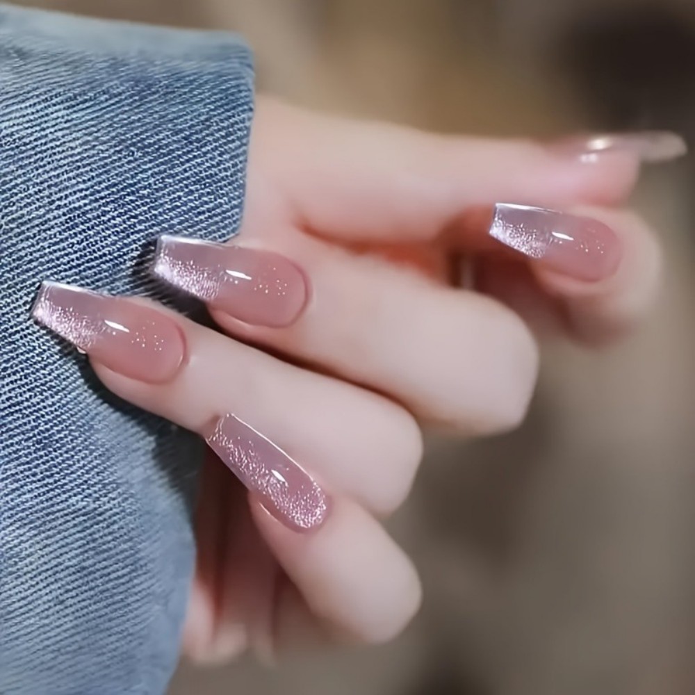 24개 반짝이는 핑크 글리터 캣아이 디자인 롱 발레 모 - Nail Art Fake Nails 리뷰 및 가격