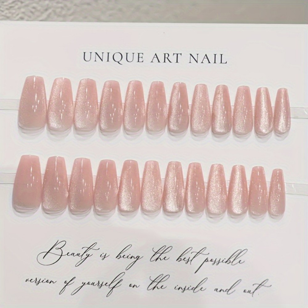 24개 반짝이는 핑크 글리터 캣아이 디자인 롱 발레 모 - Nail Art Fake Nails 리뷰 및 가격