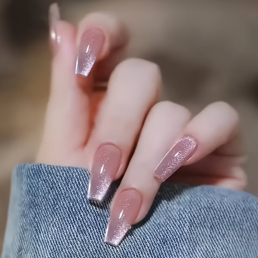 24개 반짝이는 핑크 글리터 캣아이 디자인 롱 발레 모 - Nail Art Fake Nails 리뷰 및 가격