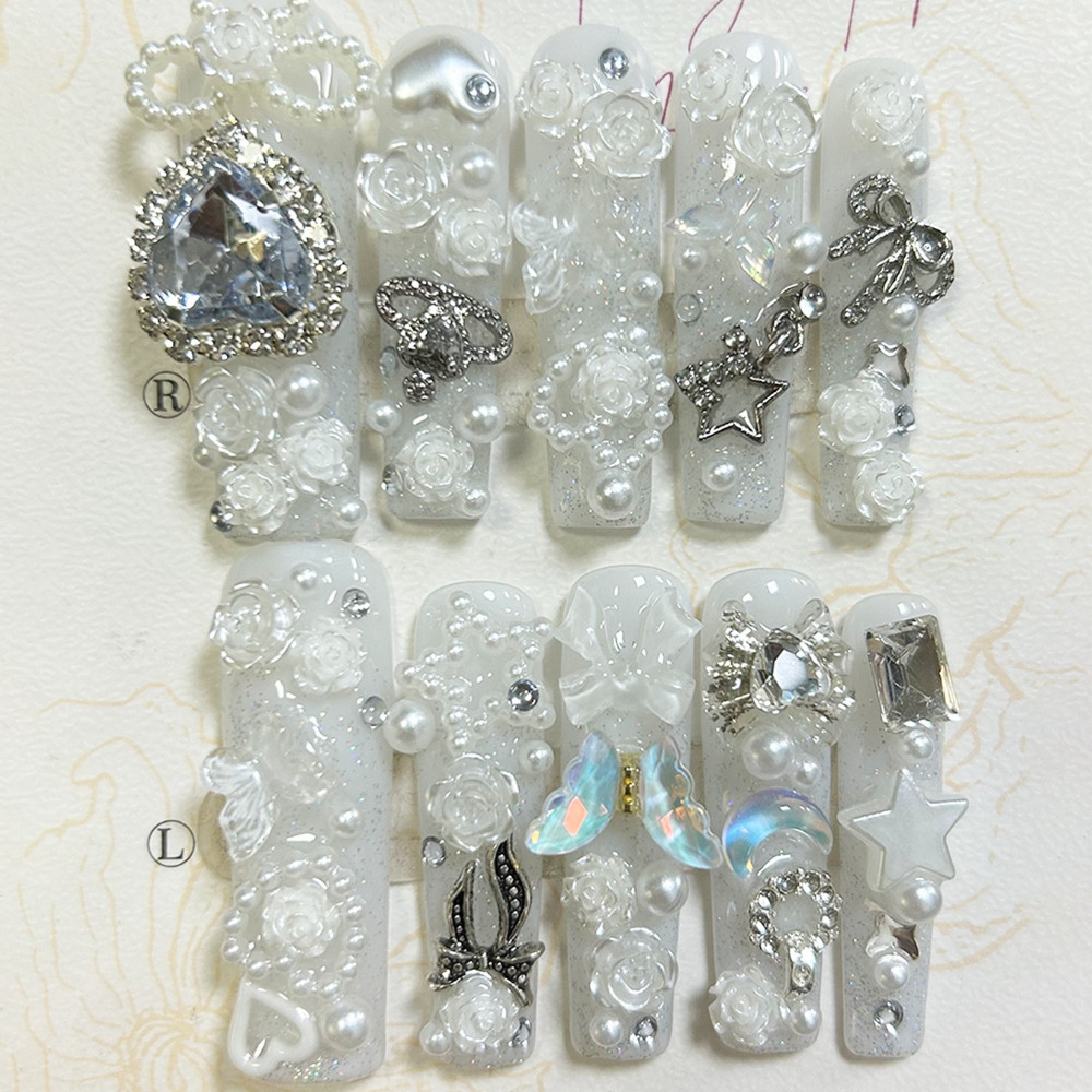 10개입 귀여운 지라이 케이 화이트 핸드메이드 프레스온 - Nail Art Inspo 리뷰 및 가격