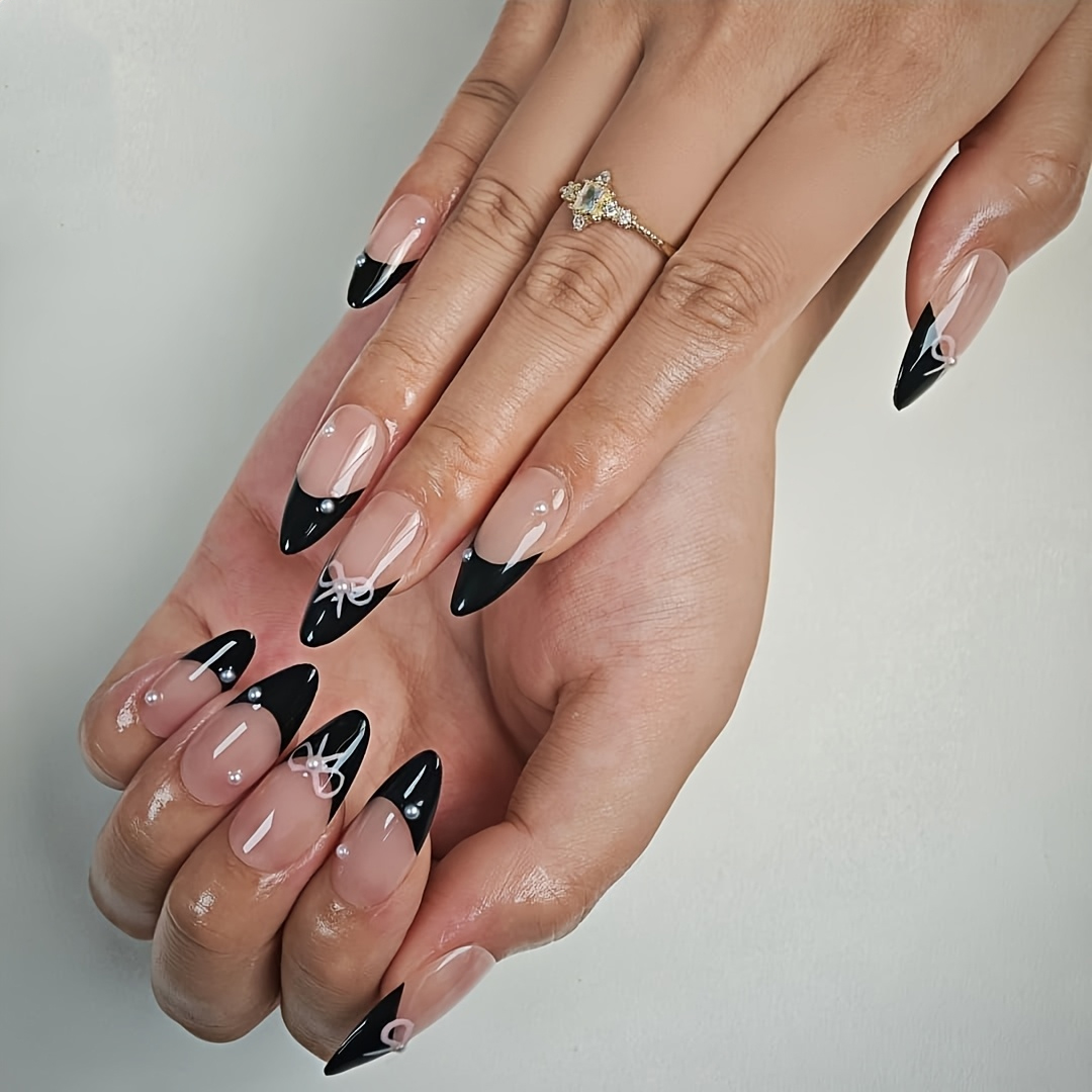 10개 블랙 프렌치 네일, 리본 디자인 수제 프레스온  - Nail Art Glossy 리뷰 및 가격