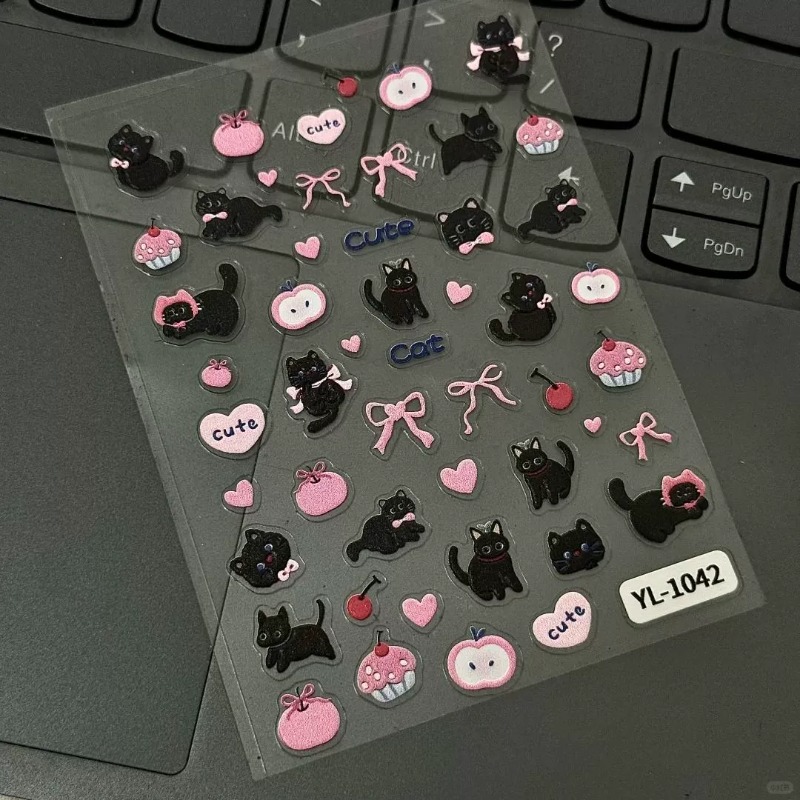 귀여운 만화 리본 검은 고양이 3D 릴리프 스티커 사랑 - Nail Art Jelly 리뷰 및 가격